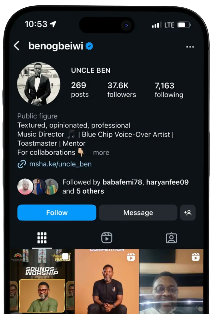 Uncle Ben's Instagram profile showing 37.6k followers.