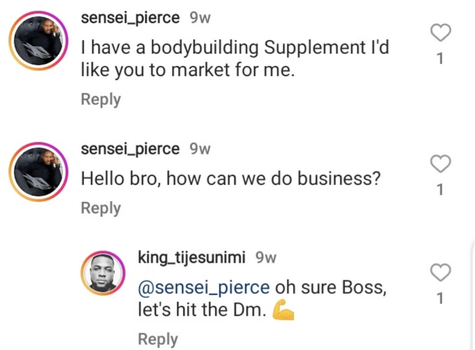 A potential client reaching out to king Tijesunimi on Instagram